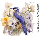 Vibrant kingfisher perched among pastel irises.
