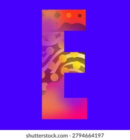 Vibrant letter 'E' with abstract patterns in red, orange, and yellow hues on a bold blue background. Modern and artistic design.