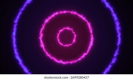 A vibrant and mesmerizing image featuring concentric neon circles glowing with radiant purple and blue hues against a dark background, creating an electric, energetic vibe.