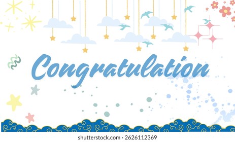 A vibrant and modern "Congratulation" greeting card design with dynamic blue wave patterns, scattered dots, and a sleek light background
