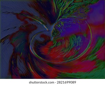 Vibrant multicolor abstract spiral texture with dark background, featuring swirling red, green, and purple patterns for artistic design concepts.