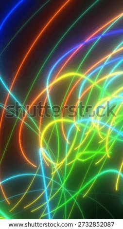 Vibrant multicolor neon light waves forming curved trails, abstract futuristic motion background.