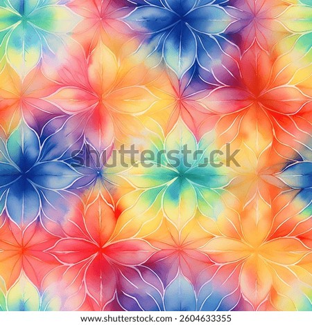 vibrant, multicolored floral pattern resembling a tie-dye effect with outlined flowers.