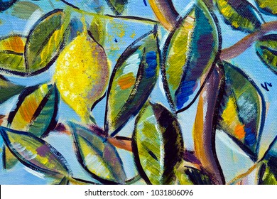 Vibrant Multi-colored Original Oil Painting Close Up Detail Showing Brushwork And Canvas Textures - Lemon Tree