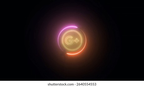 A vibrant neon Google Plus logo shines brightly against a dark backdrop, encircled by a partially complete gradient circle of pink, yellow, and orange light.