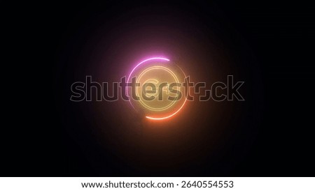 A vibrant neon Google Plus logo shines brightly against a dark backdrop, encircled by a partially complete gradient circle of pink, yellow, and orange light. Stock photo © 