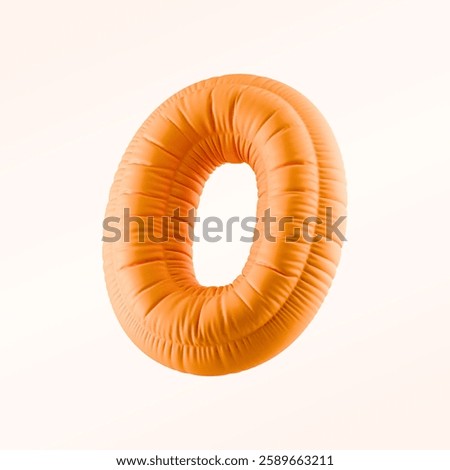 A vibrant orange inflatable ring shaped like the number zero, floating against a soft off-white background. The fabric texture and creases add a realistic touch.