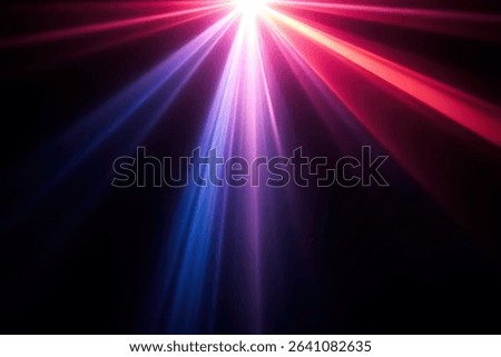 Vibrant overhead light source casts dramatic red, purple, and blue rays downward, creating an energetic and atmospheric illumination against a dark background