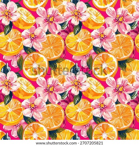  A vibrant, packed pattern of sliced oranges, grapefruits, and pink flowers in bright summery colors.