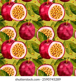 A Vibrant Pattern Featuring Passion Fruit Alongside Lush Green Leaves in an Artistic Design