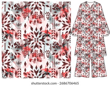 Vibrant pattern that combines geometric and floral elements,diamond and triangle shapes arranged in a symmetrical, kaleidoscopic design use for fashion interior wallpaper ghraphics bhandhani textile 
