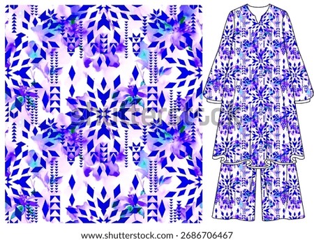 Vibrant pattern that combines geometric and floral elements,diamond and triangle shapes arranged in a symmetrical, kaleidoscopic design use for fashion interior wallpaper ghraphics bhandhani textile 