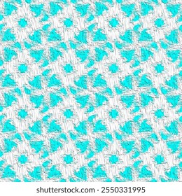 A vibrant pattern of turquoise floral elements over a textured grid, adding a modern and artistic touch to any project.
