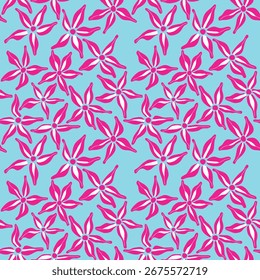A vibrant and playful seamless pattern featuring stylized five-petal pink and white star-shaped flowers.
The bold, repeating floral motif is set against a bright, solid sky blue background, creating a