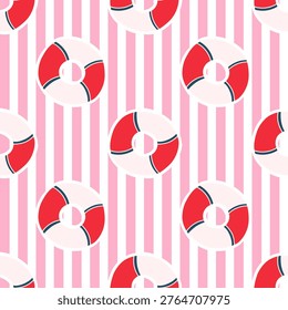 A vibrant and playful seamless pattern featuring classic red and white lifebuoys, also known as life rings, set against a cheerful background of alternating pink and white vertical stripes. This nautical-themed design evokes feelings of summer, beach vacations, and maritime adventures. Ideal for textiles, wallpapers, digital backgrounds, children's products, and various decorative purposes, adding a fresh and lively touch to any project.