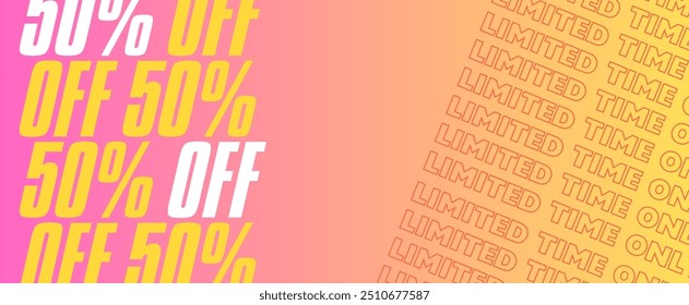 A vibrant promotional banner featuring bold text "50% OFF". The design uses a gradient background with pink, yellow, and orange hues. The text "50% OFF" is repeated throughout the sides. - Powered by Shutterstock