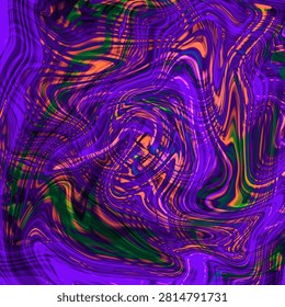 Vibrant purple abstract composition with distorted flowing lines, fluid curves and colorful orange and green accents forming a hypnotic psychedelic swirl.
