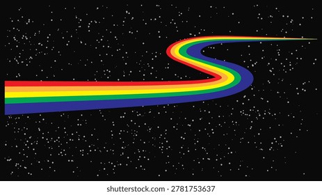A vibrant rainbow-colored curve flows through a dark, starry expanse, resembling a cosmic journey or a surreal pathway. The S-shaped band of colors, including red, orange, yellow, green, blue, and indigo, stands out against the black background dotted with numerous small white circles representing stars.