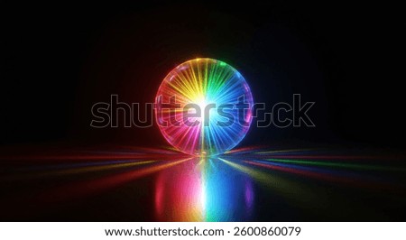 A vibrant, rainbowcolored sphere glows intensely in a dark setting. Neon light rays emanate from its core, reflecting on a glossy surface. Abstract and energetic.