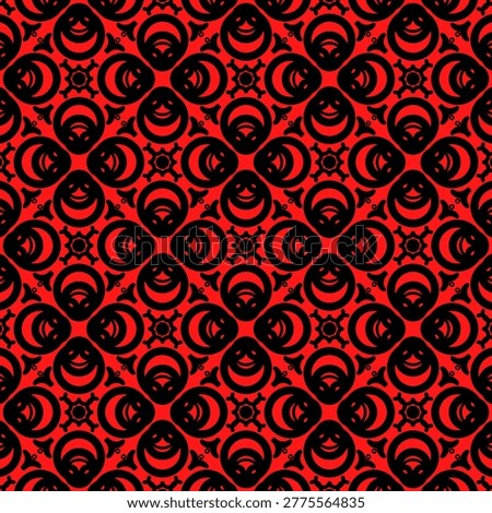 A vibrant red background featuring a repeating, symmetrical black geometric pattern.
