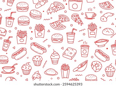 A vibrant red and white seamless pattern featuring a variety of fast food items. Perfect for backgrounds or design elements.