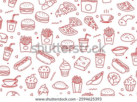 A vibrant red and white seamless pattern featuring a variety of fast food items. Perfect for backgrounds or design elements.