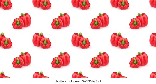 Vibrant repeating pattern showcasing whole and halved red bell peppers, ideal for food-related designs