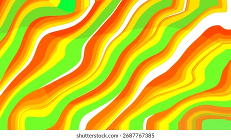 Vibrant retro abstract wavy pattern featuring bold orange, yellow, and green flowing curves on a white background. This psychedelic and energetic design evokes a 70s groovy vibe with smooth motion.