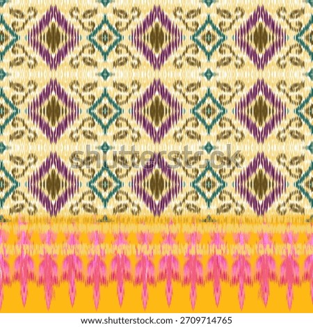 A vibrant, seamless decorative pattern combining an upper geometric Ikat motif in purple, green, and beige, with a striking lower border of feathered pink elements over a solid yellow band. This texti