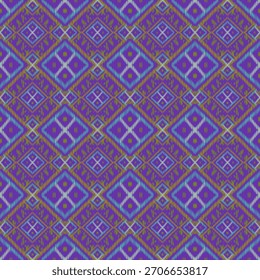 Vibrant seamless geometric textile pattern inspired by traditional ikat design, featuring bold diamond shapes in blue, purple, and yellow tones. The repeating ornamental motif creates a dynamic and co