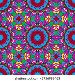 Vibrant seamless mandala pattern with bold blue, pink, green and yellow shapes creating an energetic psychedelic background ideal for textiles, posters and digital design.