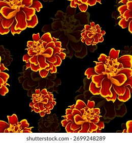 A vibrant, seamless pattern of deep red and orange marigold flowers with dark, shadowy backgrounds, creating a dramatic and allover rich floral design.
