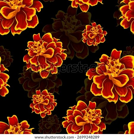 A vibrant, seamless pattern of deep red and orange marigold flowers with dark, shadowy backgrounds, creating a dramatic and allover rich floral design.