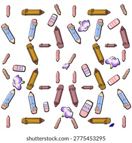 A vibrant and seamless pattern featuring adorable hand-drawn pencils, erasers, and floral accents in a Chibi style. Perfect for students, teachers, and stationery lovers who enjoy Japanese-inspired aesthetic art.