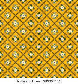 A vibrant seamless pattern featuring an intricate arrangement of stylized white and pink flowers with teal leaves, set against a bright yellow background. The design incorporates decorative leafy borders forming a diamond grid, creating a rich and elegant textile or wallpaper design. Ideal for fabric, packaging, or digital backgrounds.