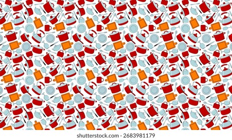 A vibrant seamless pattern featuring kitchenware like pots, pans, plates, and utensils. Ideal for backgrounds, wallpapers, and designs related to cooking and kitchen themes.