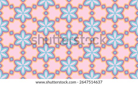 A vibrant seamless pattern featuring pastel-colored floral shapes with retro outlines in pink, blue, and yellow. Perfect for textiles, wallpapers, wrapping paper, and surface design.