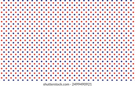Vibrant seamless pattern featuring red and blue polka dots on a white background, ideal for patriotic-themed designs, backgrounds, and textiles.