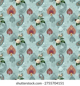 Vibrant seamless pattern featuring a rich Indian-inspired composition with ornate elephant motifs, blooming floral elements, and decorative fruit accents set against a bold yellow background. The design showcases intricately framed elephants in a traditional style, combined with detailed flowers in warm orange, red, and soft green tones, creating a harmonious blend of culture and contemporary aesthetics. Subtle textured overlays and geometric undertones add depth and dimension, enhancing the visual appeal.

This repeating pattern is ideal for a wide range of applications including textile prints, saree and ethnic wear designs, home décor fabrics, wallpapers, wrapping paper, and surface pattern projects. The seamless layout ensures continuous flow, making it perfect for large-scale printing without visible breaks. A perfect fusion of traditional Indian art elements and modern digital design techniques, suitable for fashion, interior, and creative industries.