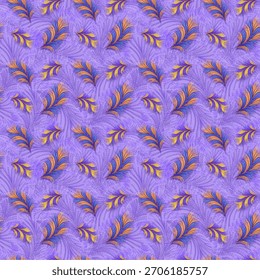 A vibrant seamless pattern featuring small, abstract, golden-orange leaf motifs on a rich, textured lavender-purple background. Perfect for textiles, digital art, decor.