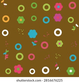 A vibrant seamless pattern featuring stylized flowers and geometric rings in various bright colors, isolated on a white background for easy use.