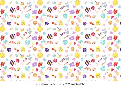A vibrant, seamless summer pattern featuring beach balls, sunglasses, palm trees, ice cream, and flip-flops in pastel colors on a white background.
