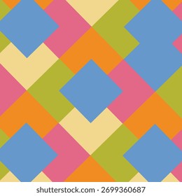 Vibrant seamless vector pattern with a geometric tile design. Bold color block shapes in blue, pink, orange, green, and beige. Perfect for retro, mid-century modern, or 70s abstract backgrounds.