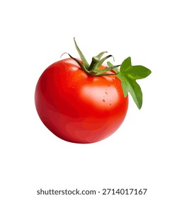 Vibrant Single Red Tomato with Stem and Leaf, Perfect for Healthy Culinary Creations