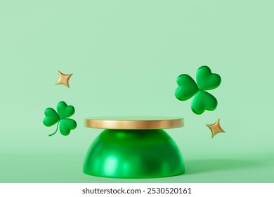 Vibrant St. Patrick's Day themed podium with three-leaf clovers. Product display, presentation. Luck and Irish heritage. Advertising, promotion design. Copy space. Green and golden. 3D Illustration - Powered by Shutterstock