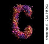 A vibrant, stylized letter C emerges from a playful array of multicolored spheres, each varying in size, radiating energy against a sleek black background. 3D Illustration