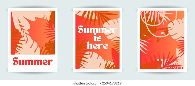 Vibrant summer-themed posters with tropical leaves and bold typography. Perfect for seasonal promotions, summer events, or travel advertisements. Bright colors evoke warmth and energy. - Powered by Shutterstock