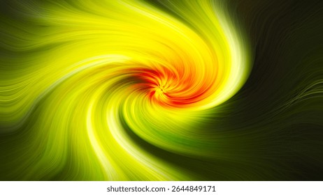 Vibrant Swirl: An abstract, dynamic composition swirls of radiant yellow and green hues converging towards a bright red center, creating a mesmerizing visual effect.	