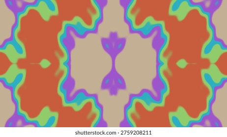 A vibrant and symmetrical abstract pattern featuring organic, flowing shapes in a psychedelic color palette. This design evokes a sense of movement and visual intrigue.