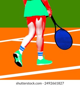 Vibrant tennis scene with female legs and tennis racket. Bold, contrasting colors of green, red, orange, and blue. Pop art style. Contemporary art collage. Concept of sport, hobby, activity, lifestyle - Powered by Shutterstock